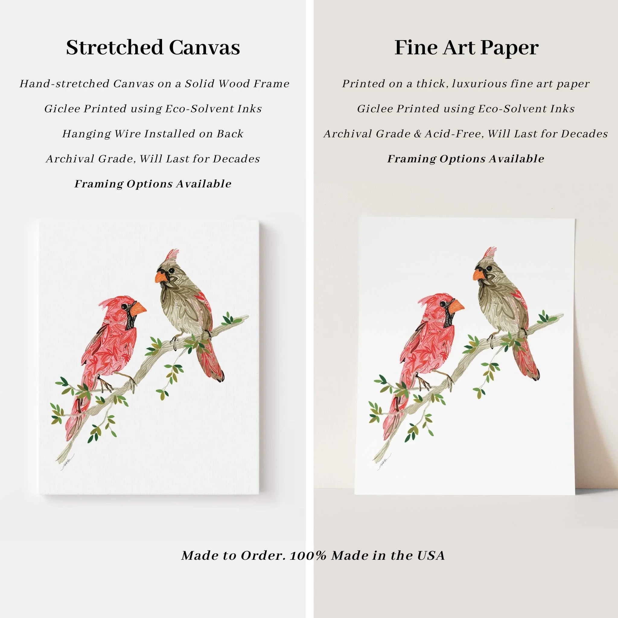 Cardinal bird art print on stretched canvas and fine art paper, USA made, archival grade