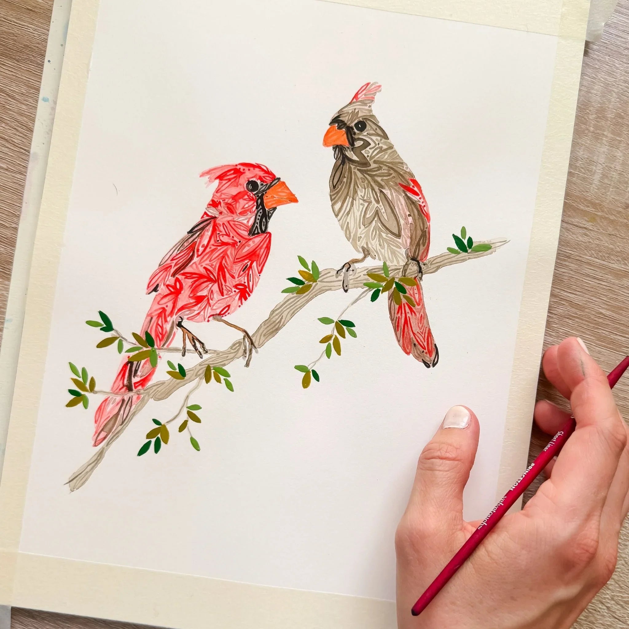 Hand-painted cardinal bird art on branch, red and gray cardinals, fine art print, nature illustration