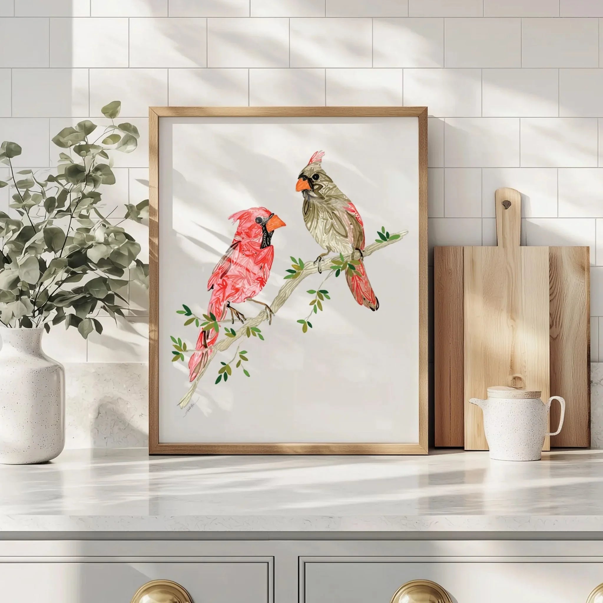 Framed cardinal bird art print with red and gray cardinals on branch, perfect for kitchen wall decor