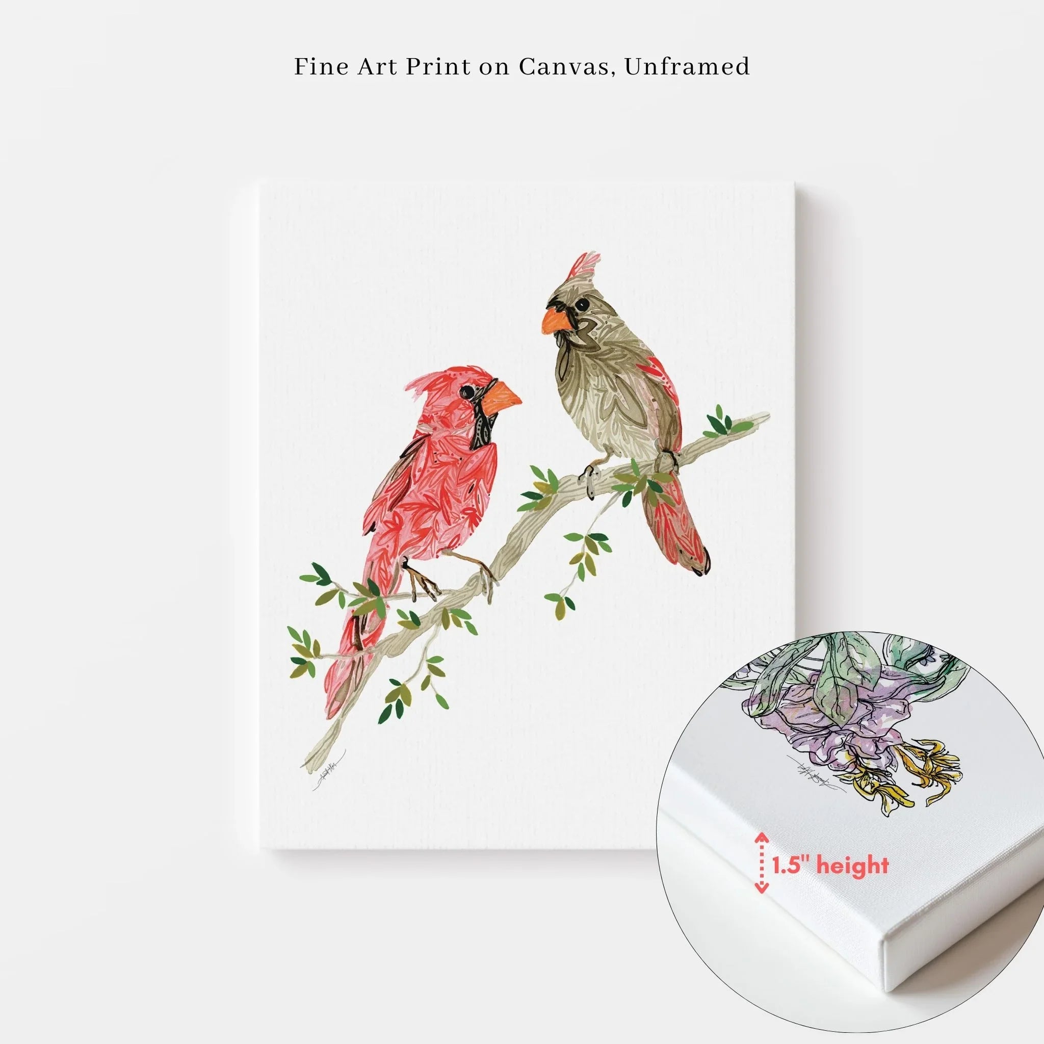 Unframed fine art canvas print of two cardinals on a branch, 1.5" depth, hand-drawn style wall decor