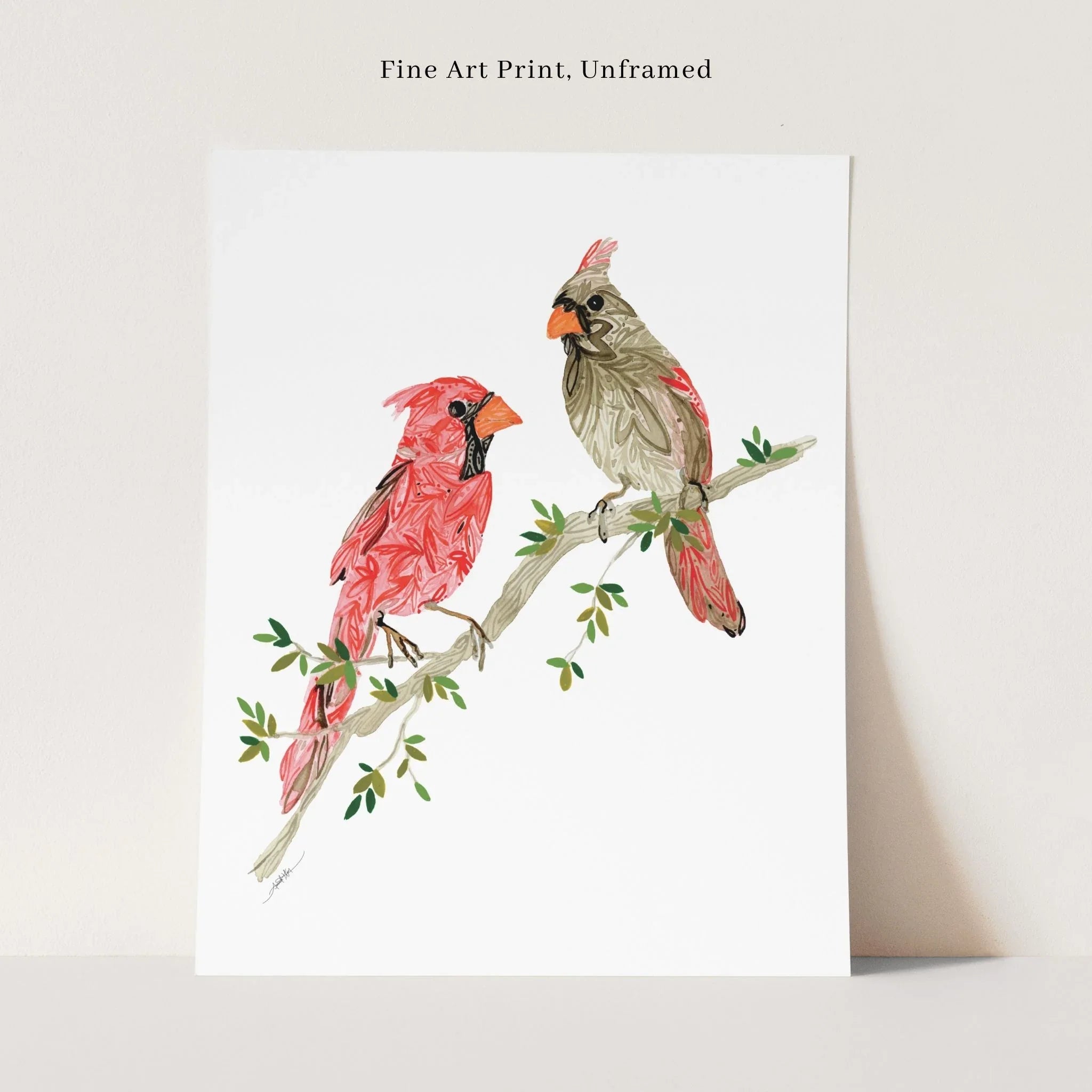 Unframed fine art print of two cardinals on a branch, hand-drawn bird illustration for home decor