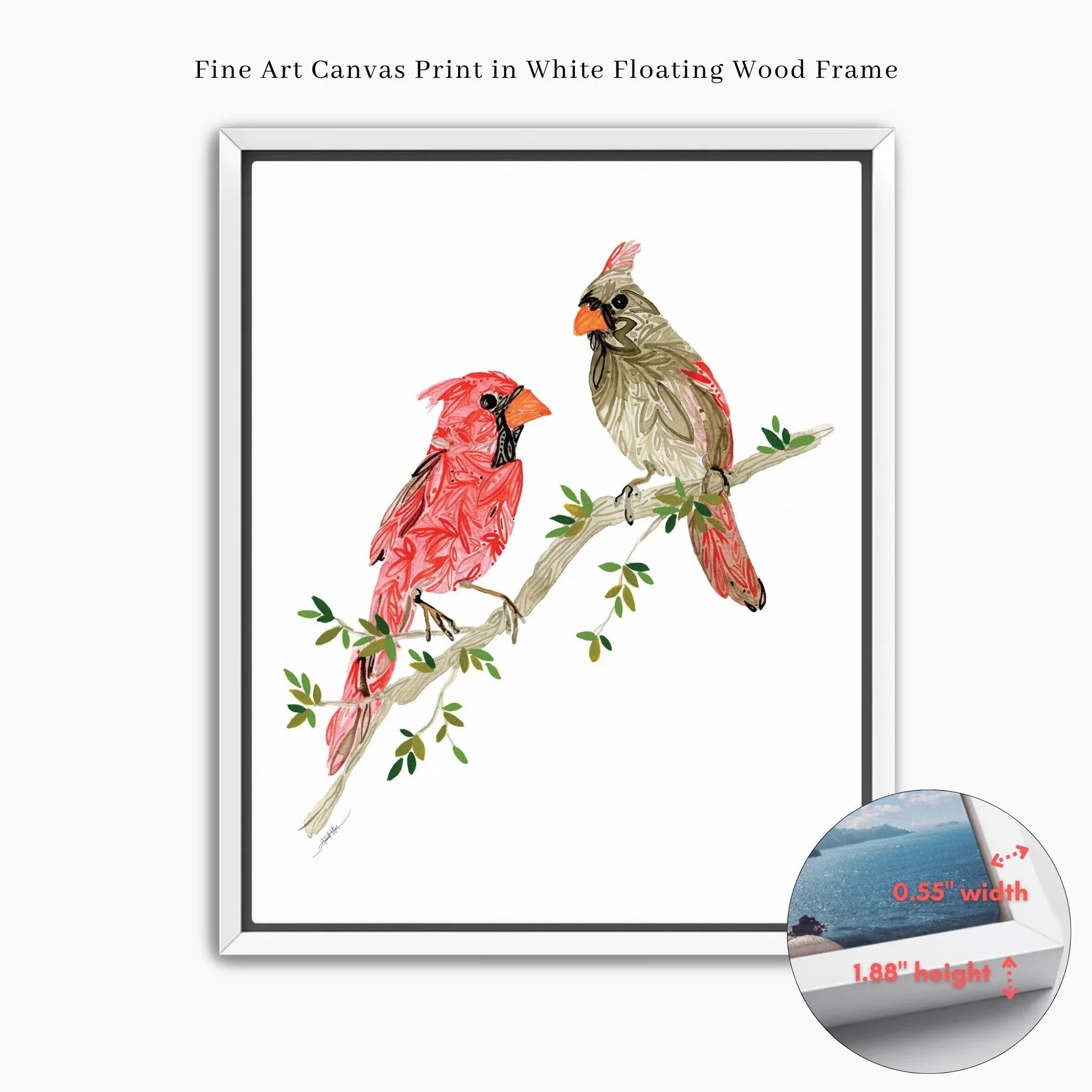 Fine art canvas print of two cardinals on a branch, framed in white floating wood frame