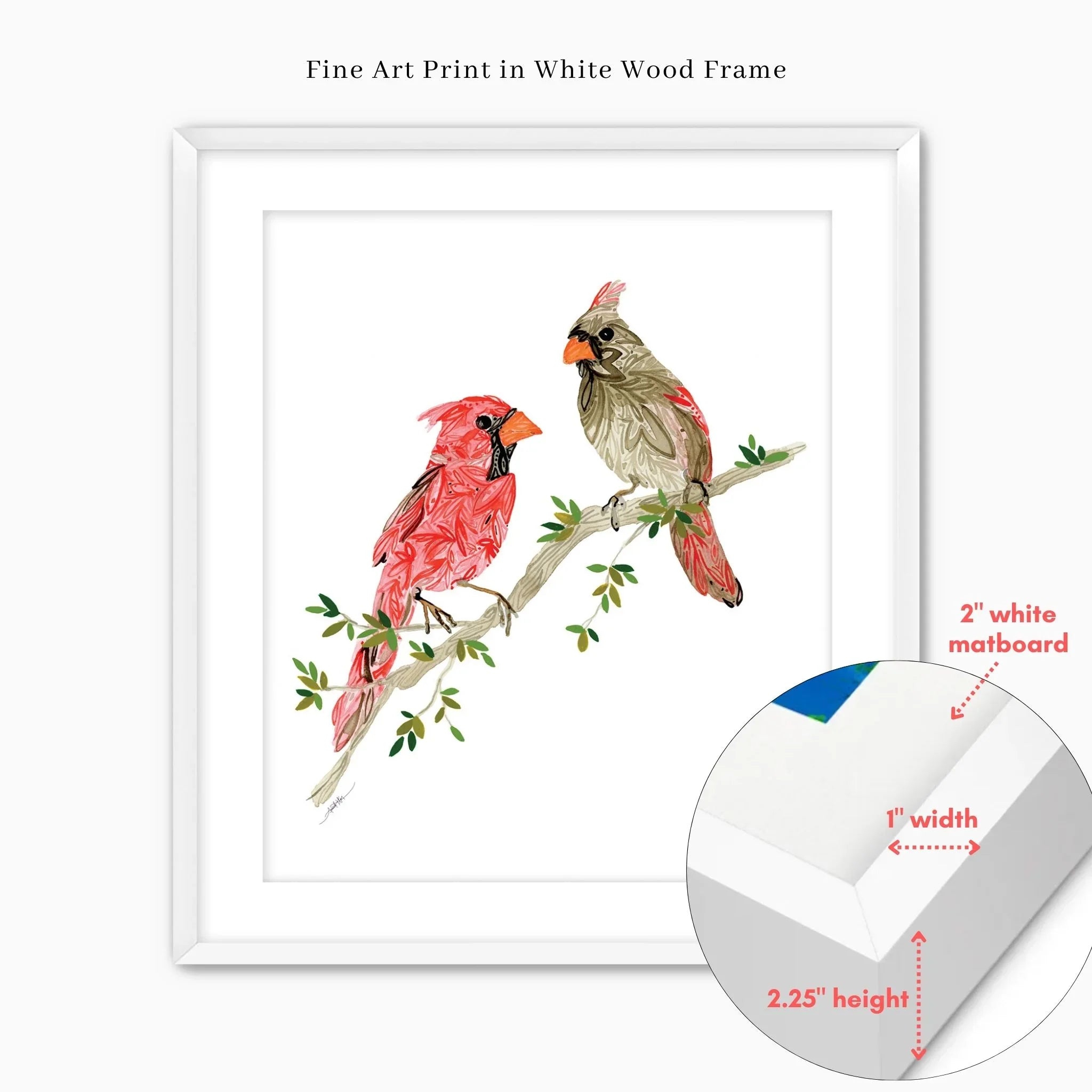 Framed fine art print of two cardinals on a branch, white wood frame with 2" matboard