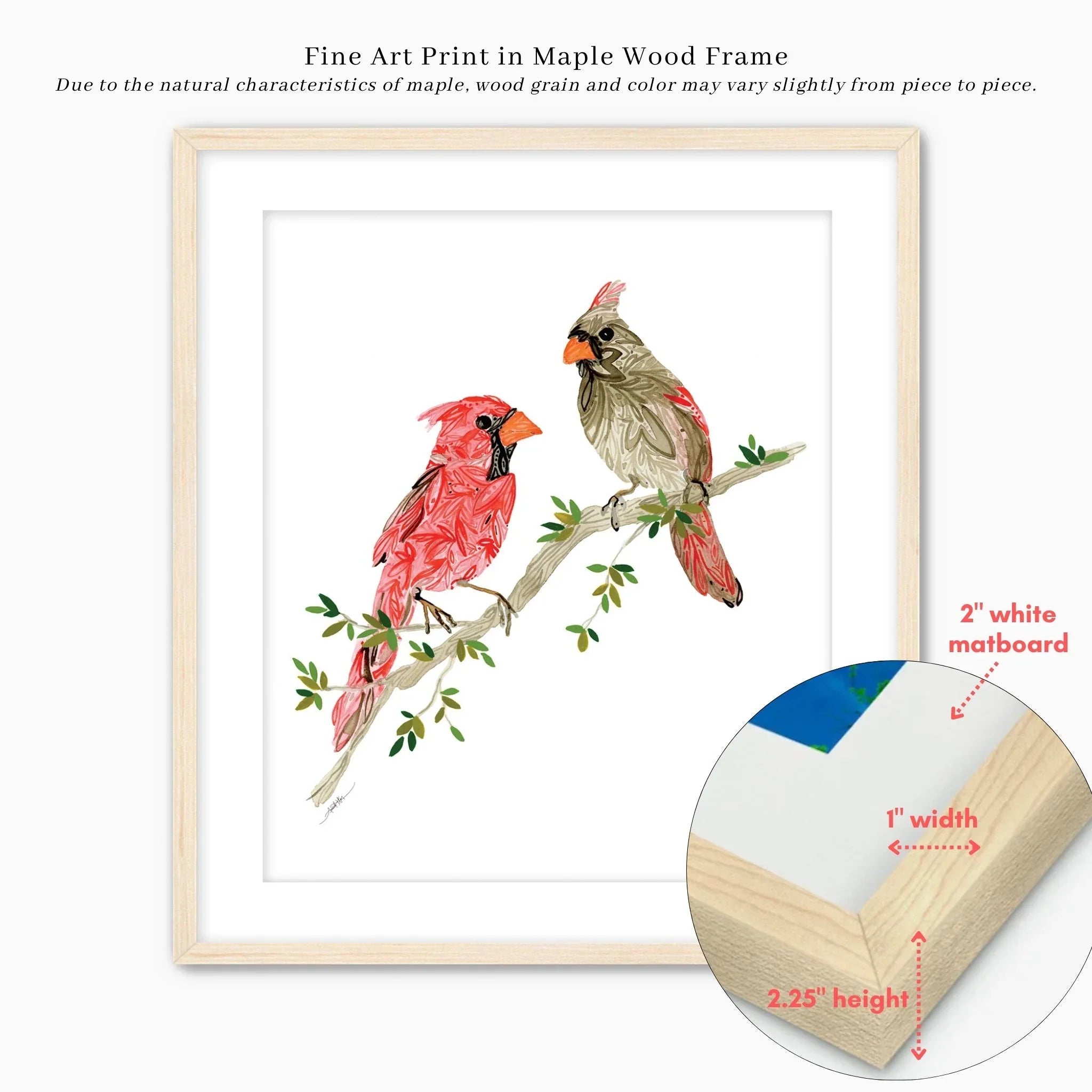 Framed fine art print of two cardinals on a branch, maple wood frame with white matboard