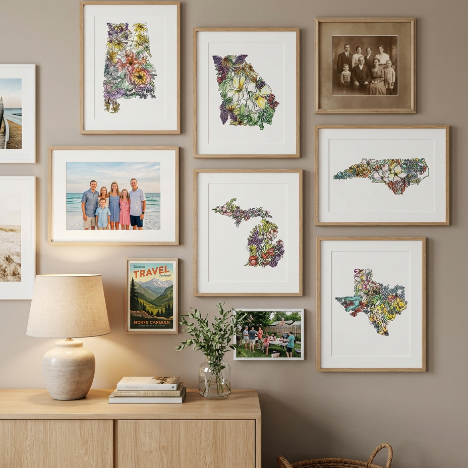 Gallery wall for family featuring state prints, photos
