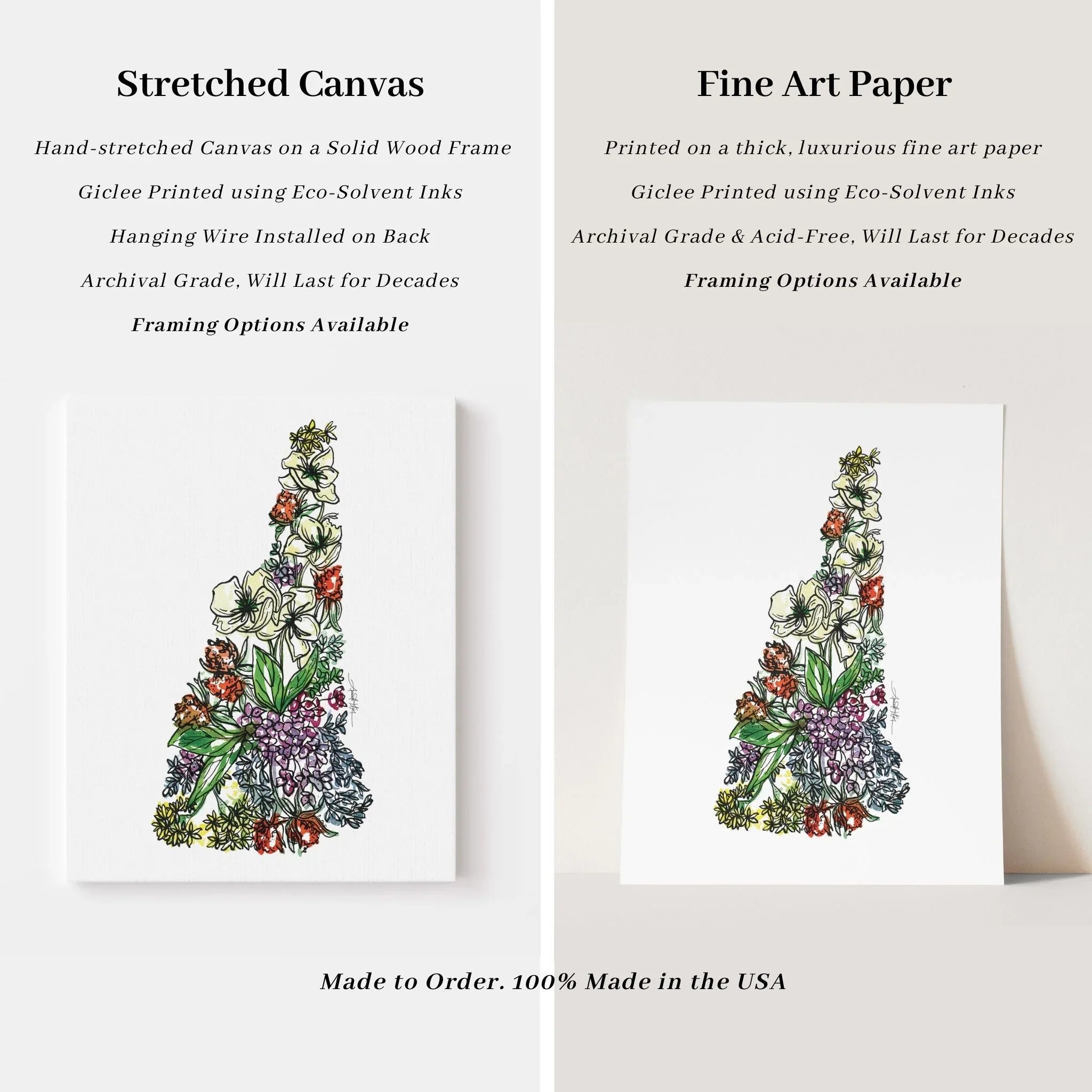 Floral New Hampshire state art print in stretched canvas and fine art paper, USA-made, archival grade, hand-stretched, eco-solvent ink
