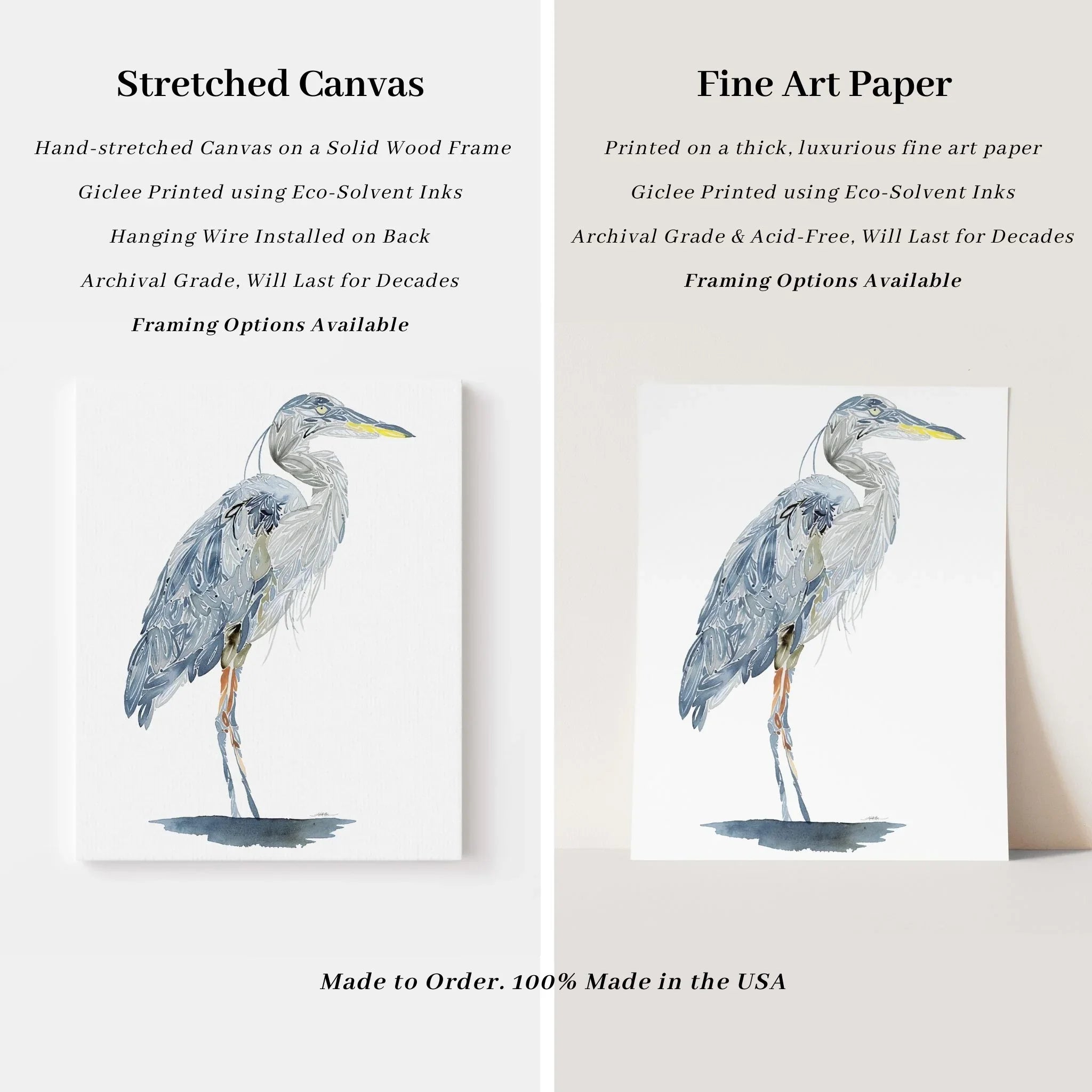 Blue heron fine art print on stretched canvas and fine art paper, eco-solvent inks, archival grade