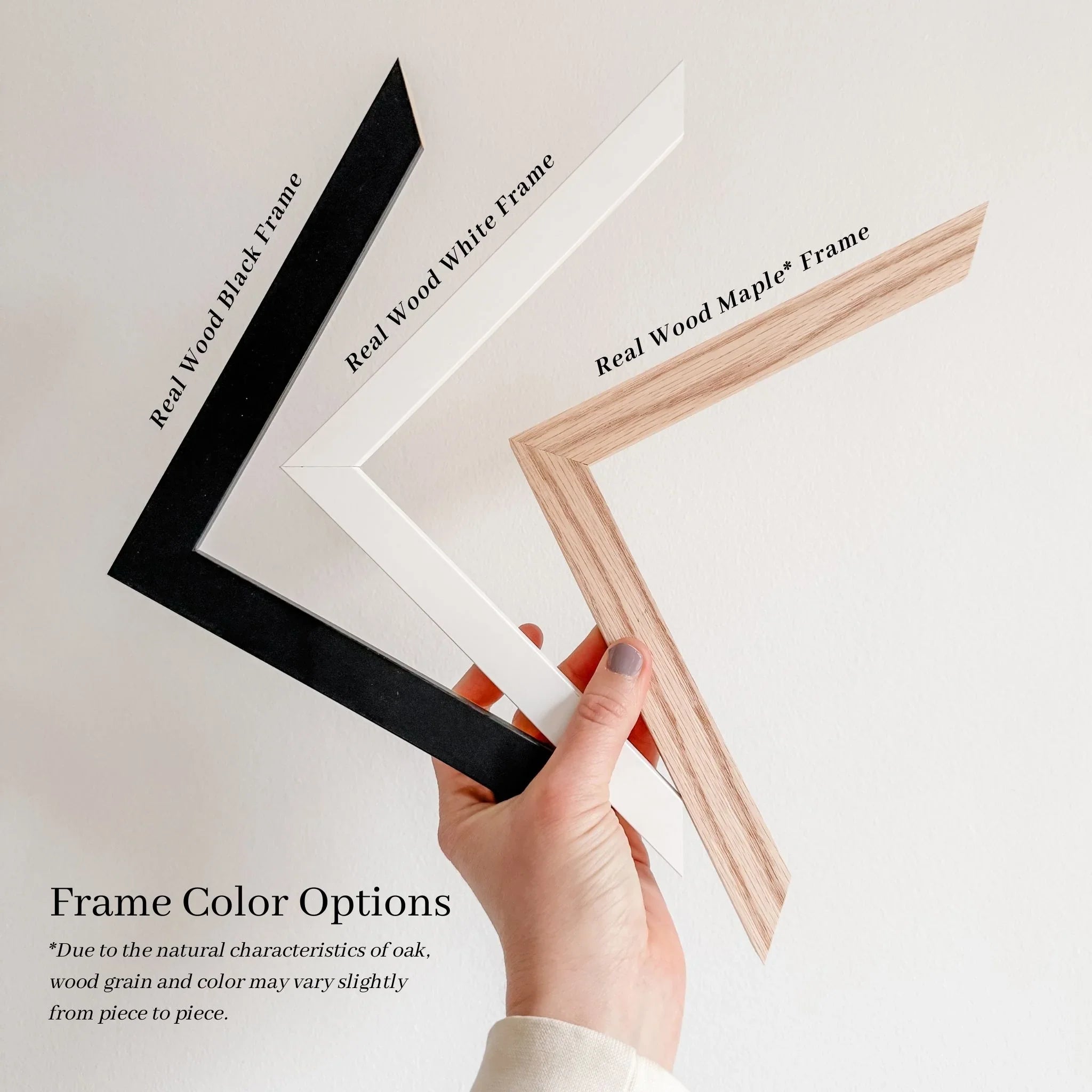 Real wood frame options: black, white, and maple for wall art prints