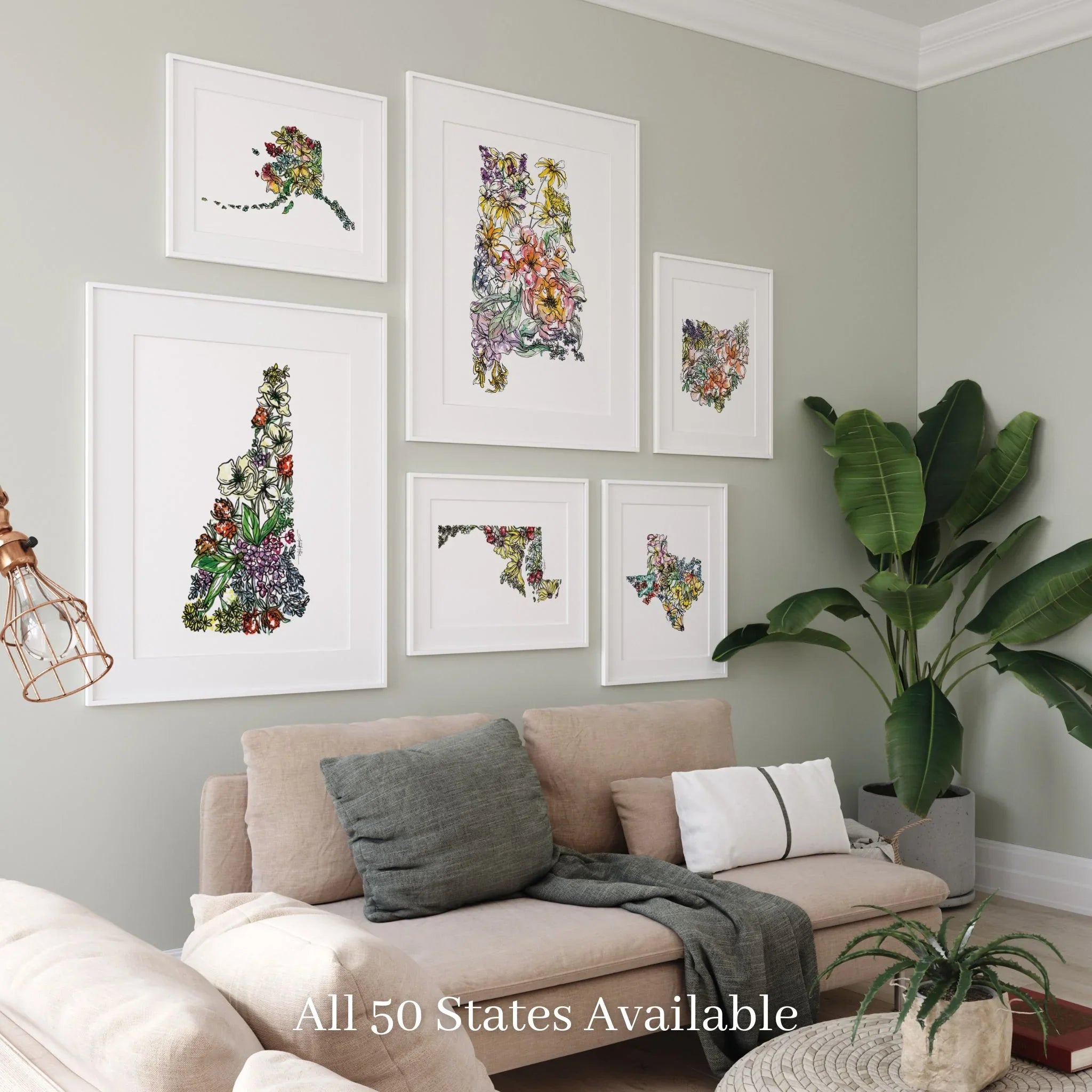 New Hampshire Floral state map wall art prints in white frames, displayed in a cozy living room with greenery.