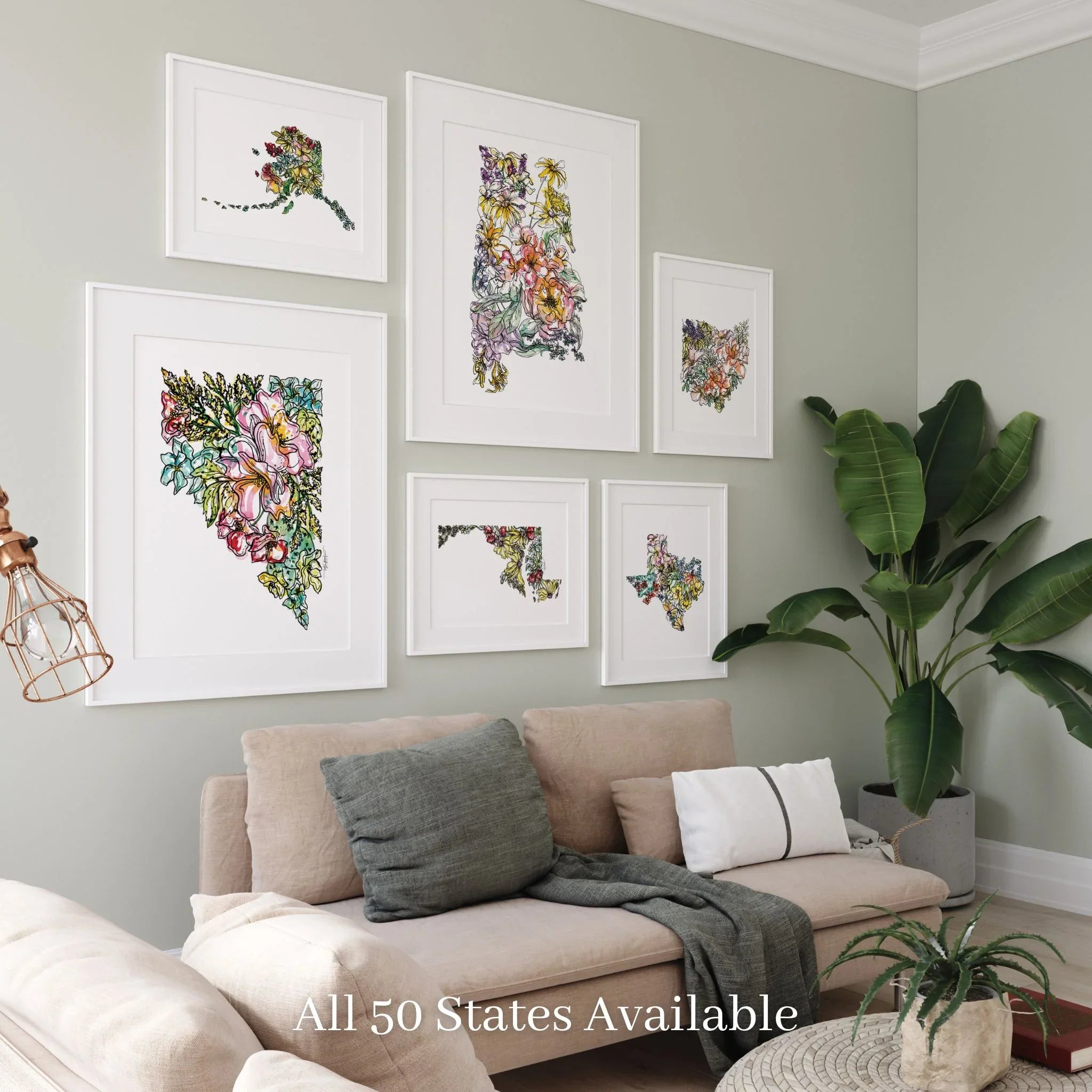 Floral Nevada state map wall art prints in white frames, living room decor with all 50 states available