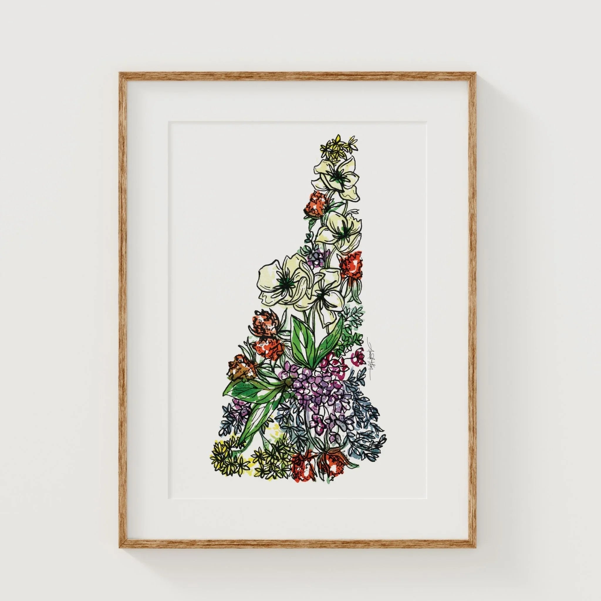Framed New Hampshire art print shaped like a state, featuring colorful wildflowers and greenery, perfect for wall decor.
