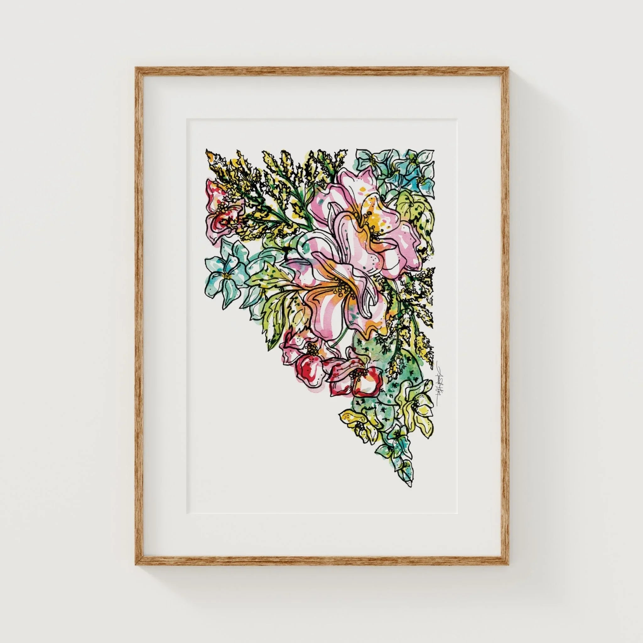 Framed Nevada floral art print with vibrant watercolor flowers and greenery, perfect for home decor