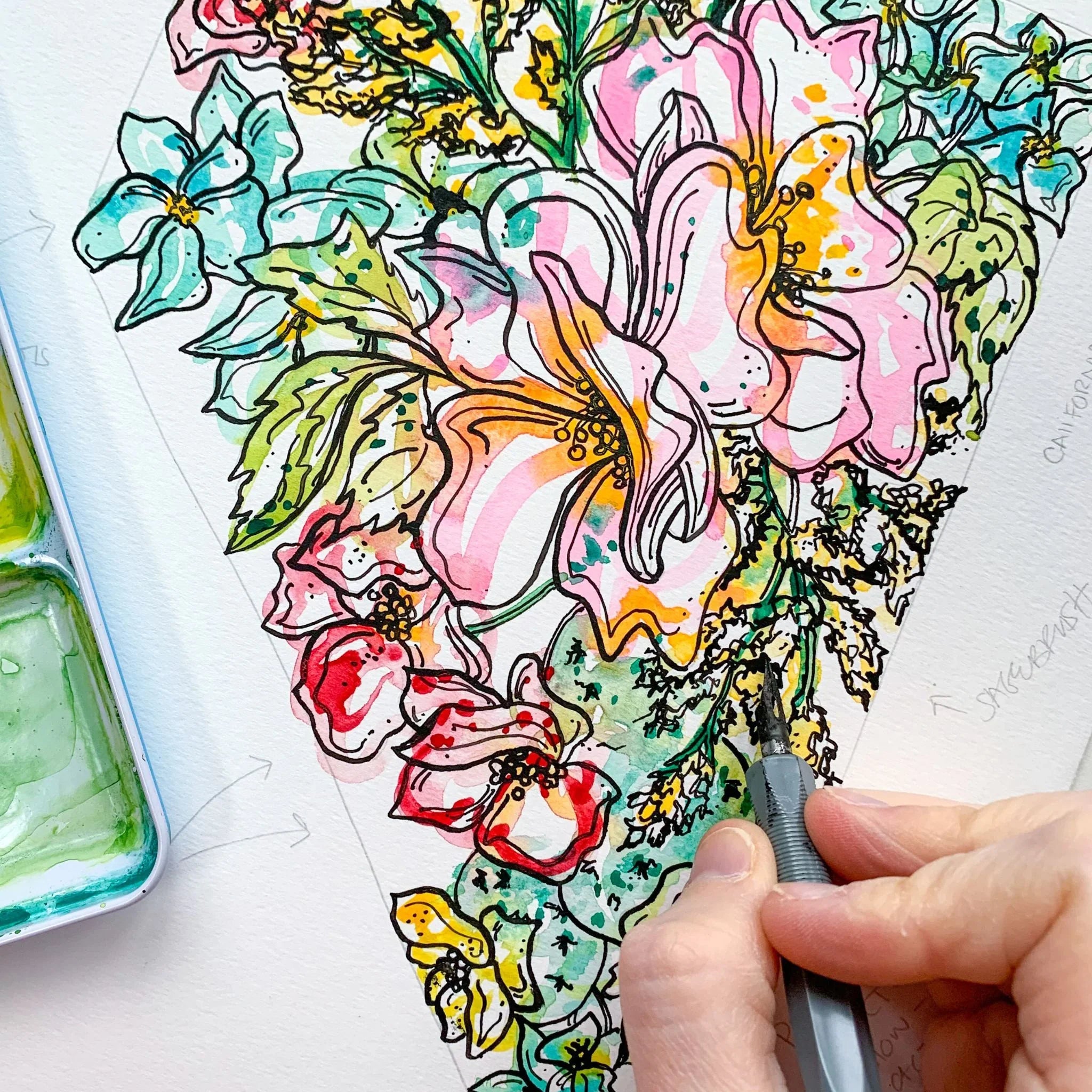 Hand painting vibrant floral Nevada watercolor art with ink outlines, showcasing detailed flower illustration in progress