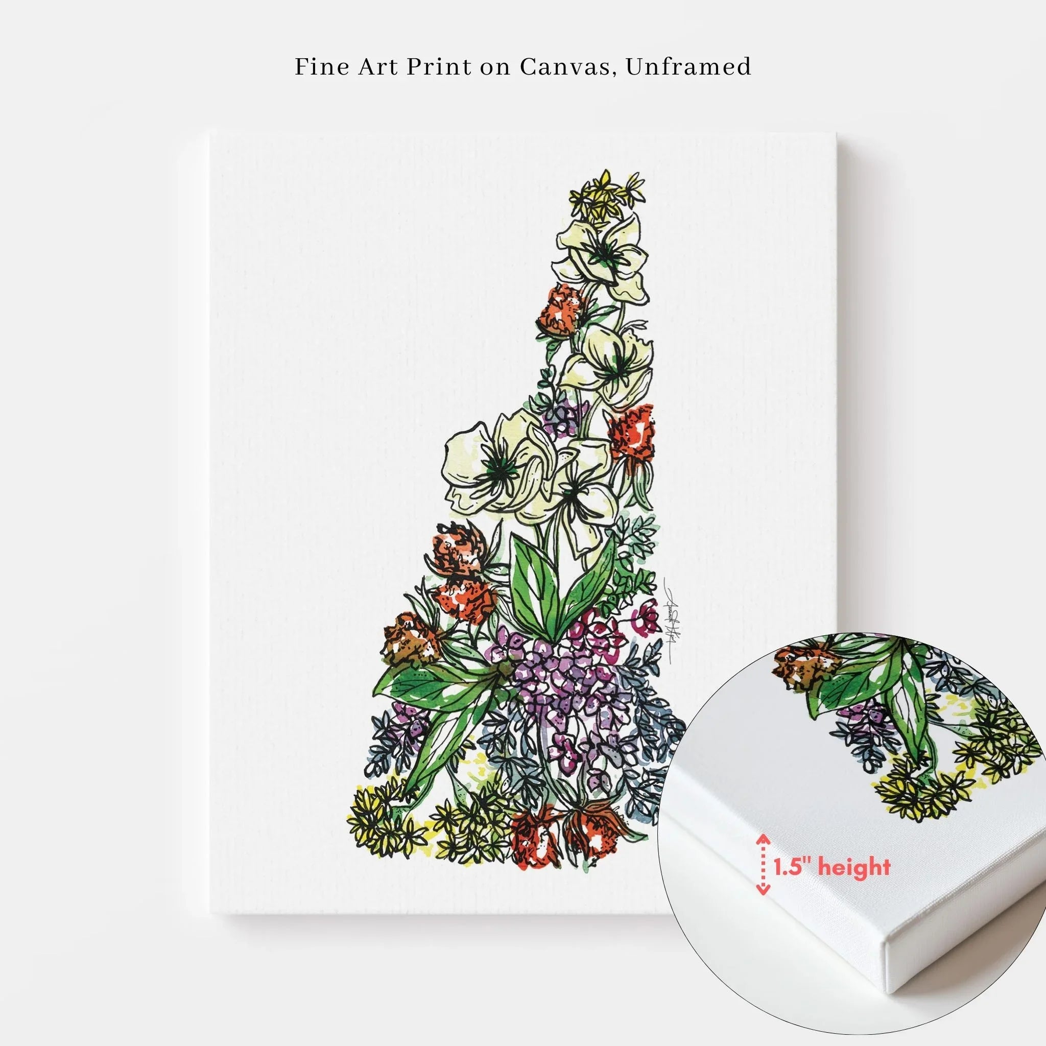New Hampshire Unframed fine art print on canvas featuring floral state silhouette, 1.5" depth, hand-designed wall decor