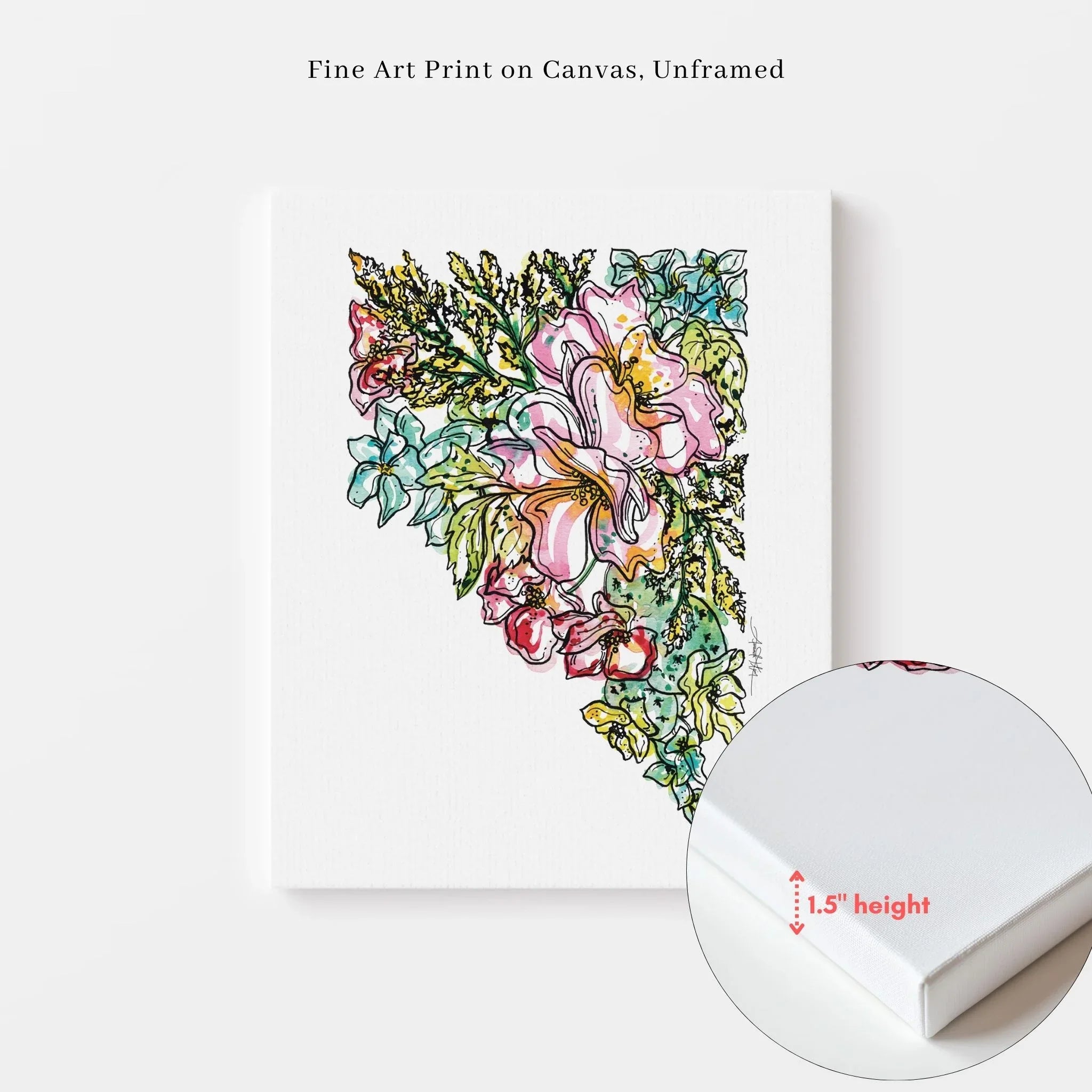 Unframed Nevada fine art canvas print with colorful floral watercolor design, 1.5" depth