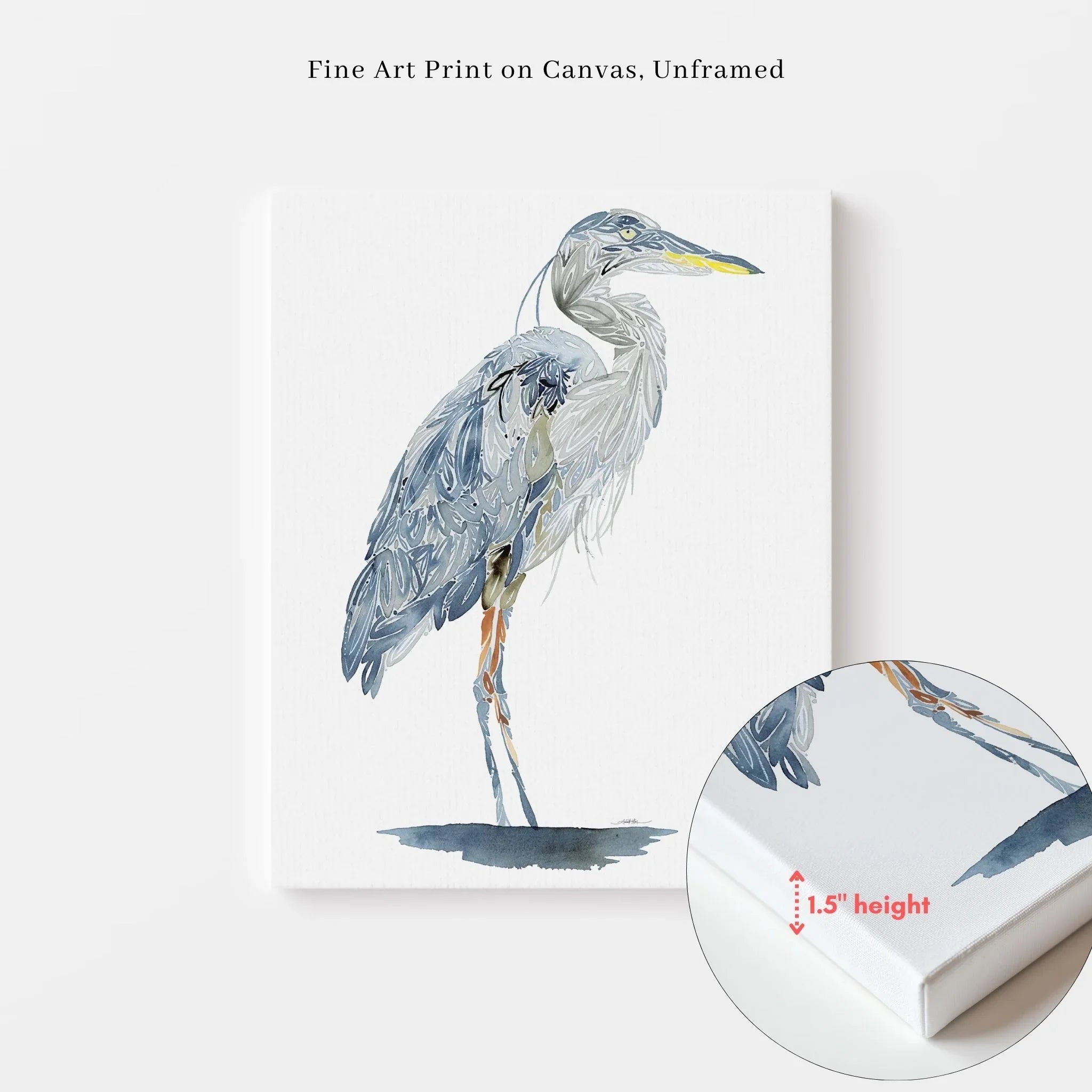 Unframed fine art canvas print of a blue heron with watercolor details, 1.5" depth