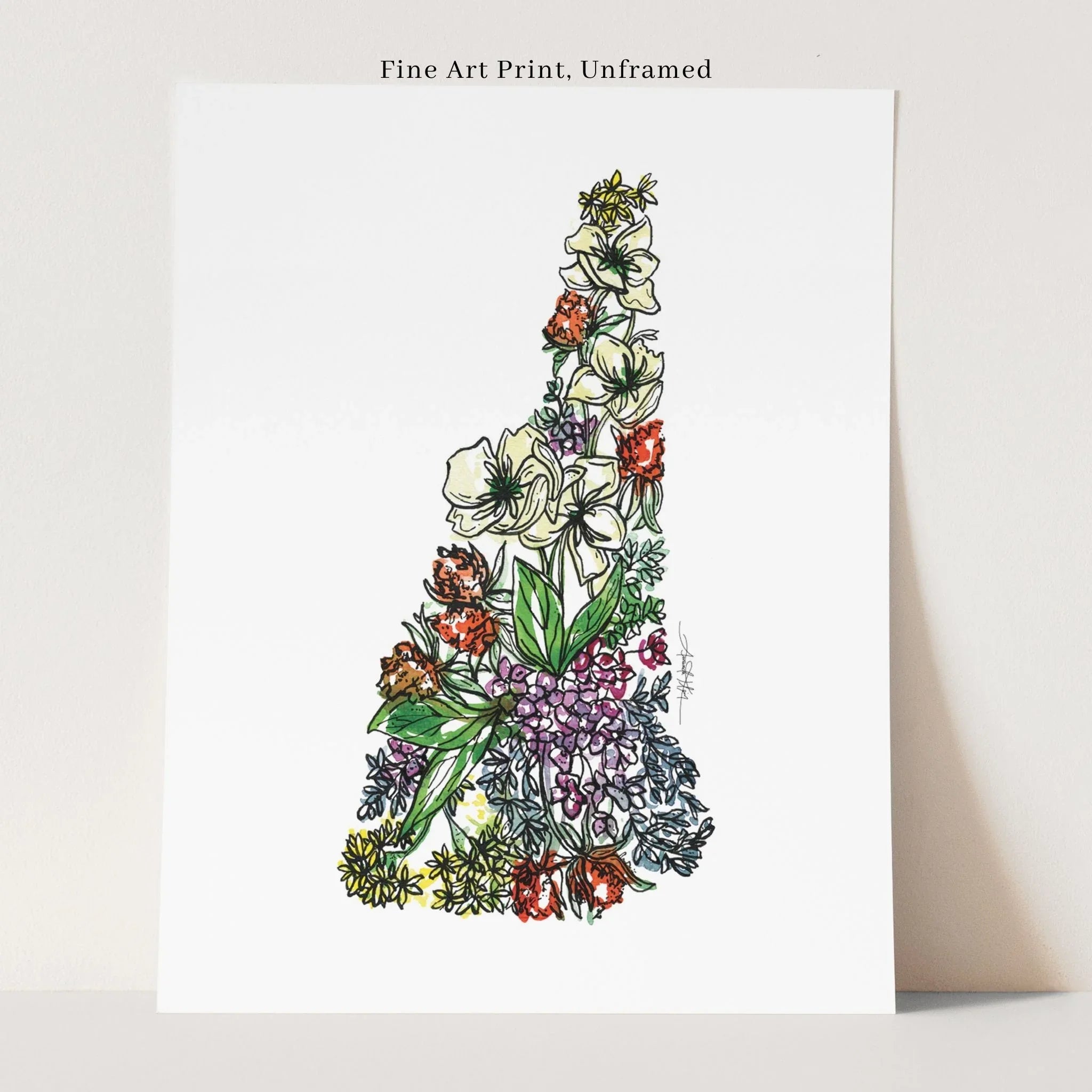 New Hampshire Unframed fine art print featuring colorful floral state outline, hand-drawn botanical design for wall decor