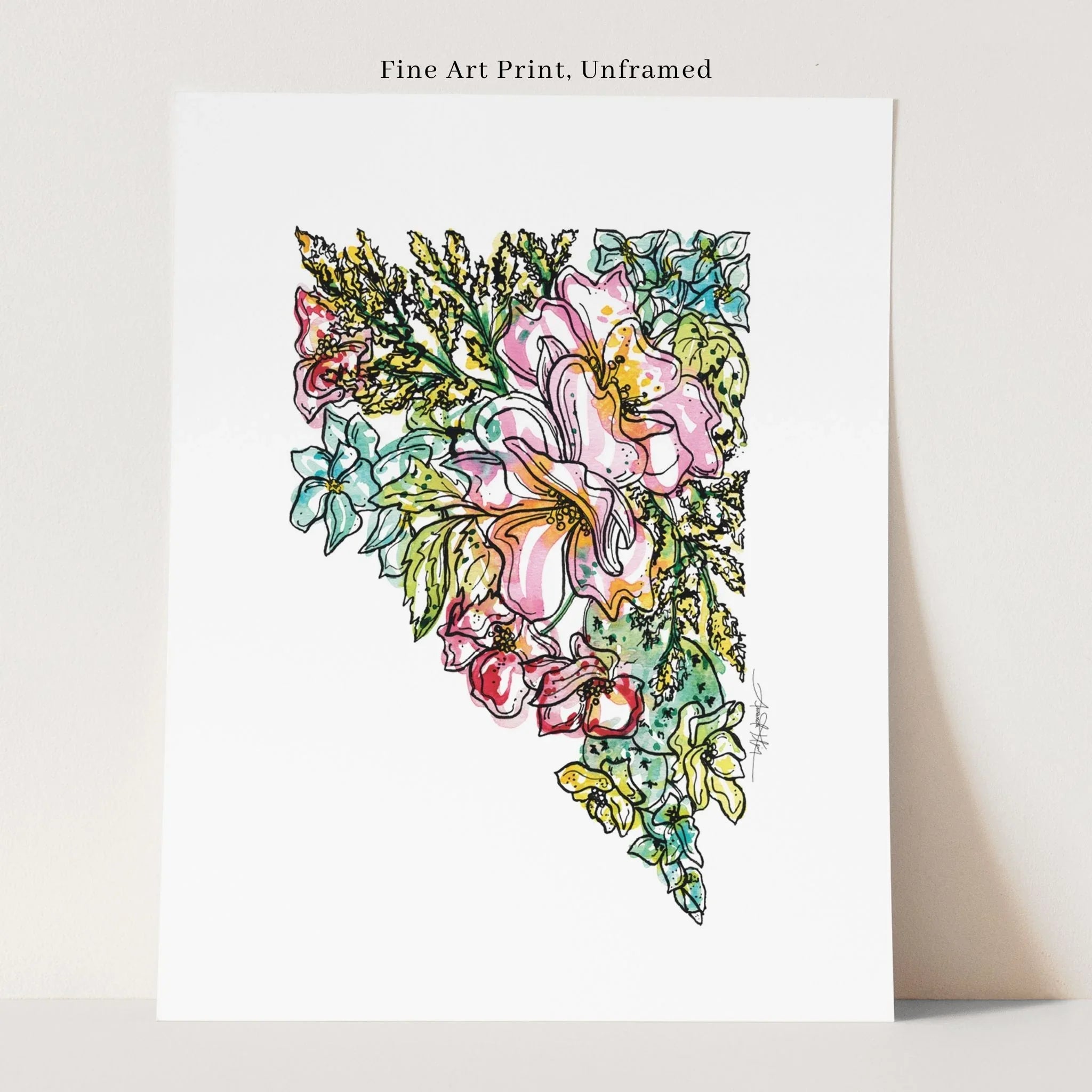 Nevada Unframed fine art print with colorful watercolor floral bouquet, hand-drawn style for home decor