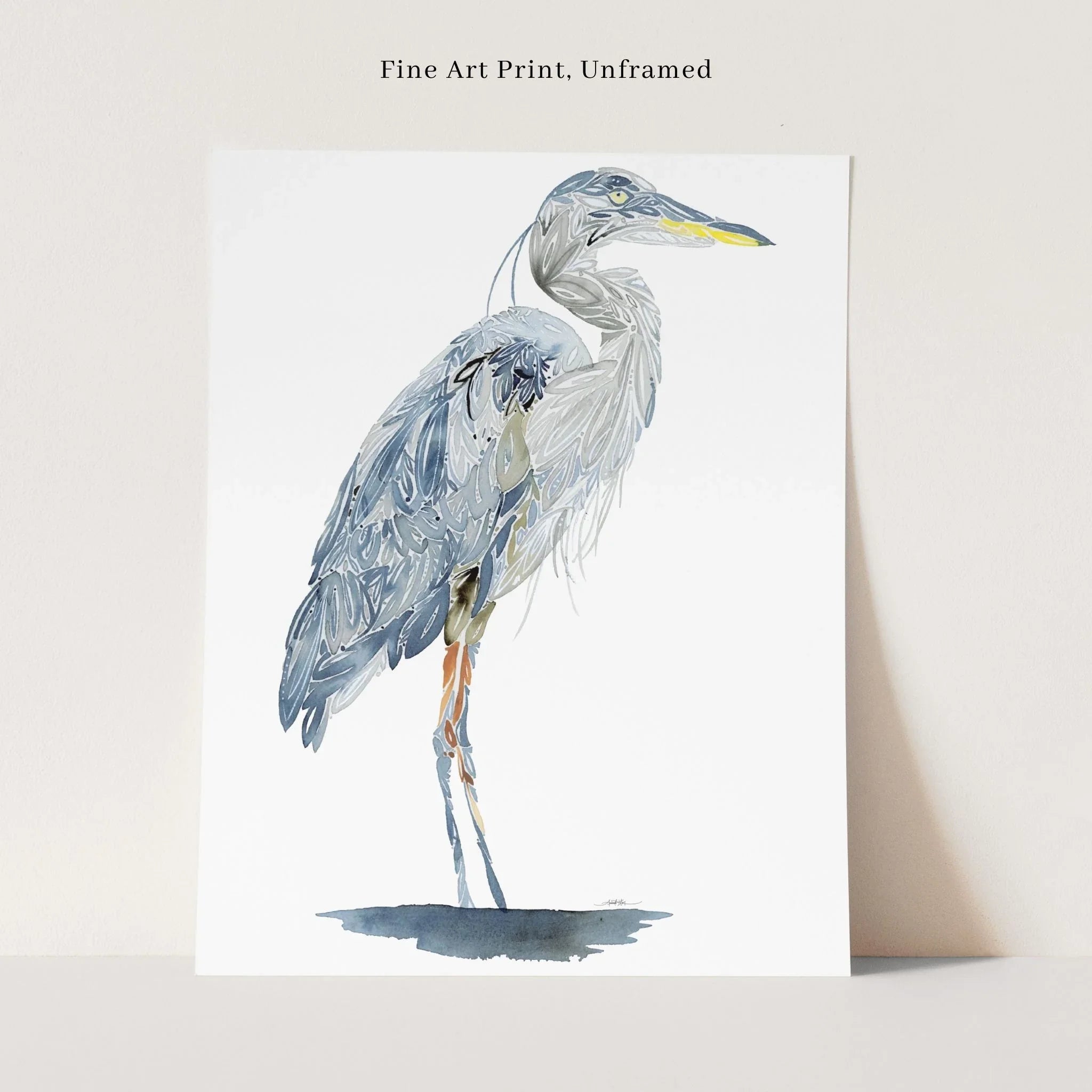 Unframed fine art print of a blue heron watercolor painting