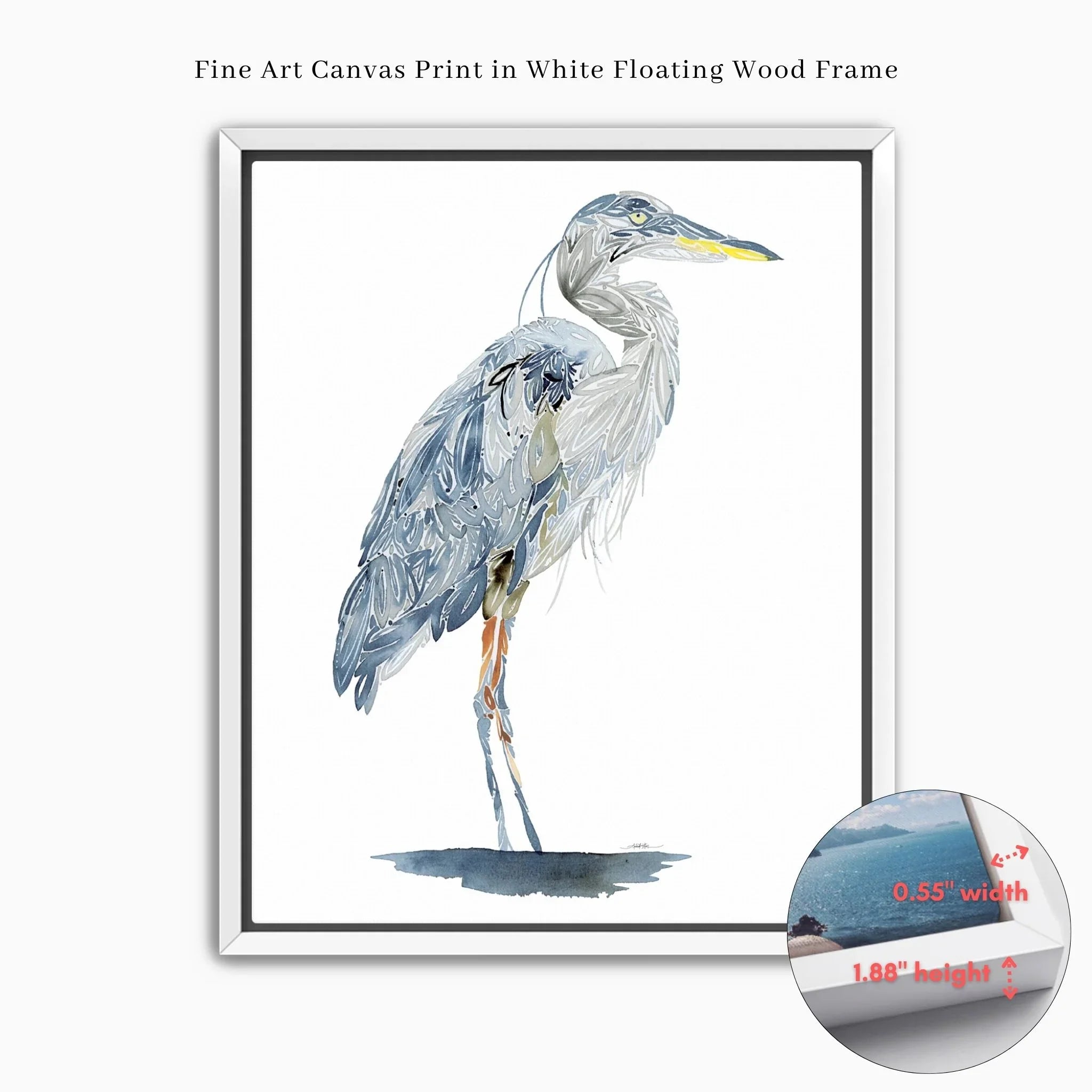 Fine art canvas print of a heron in white floating wood frame, watercolor style