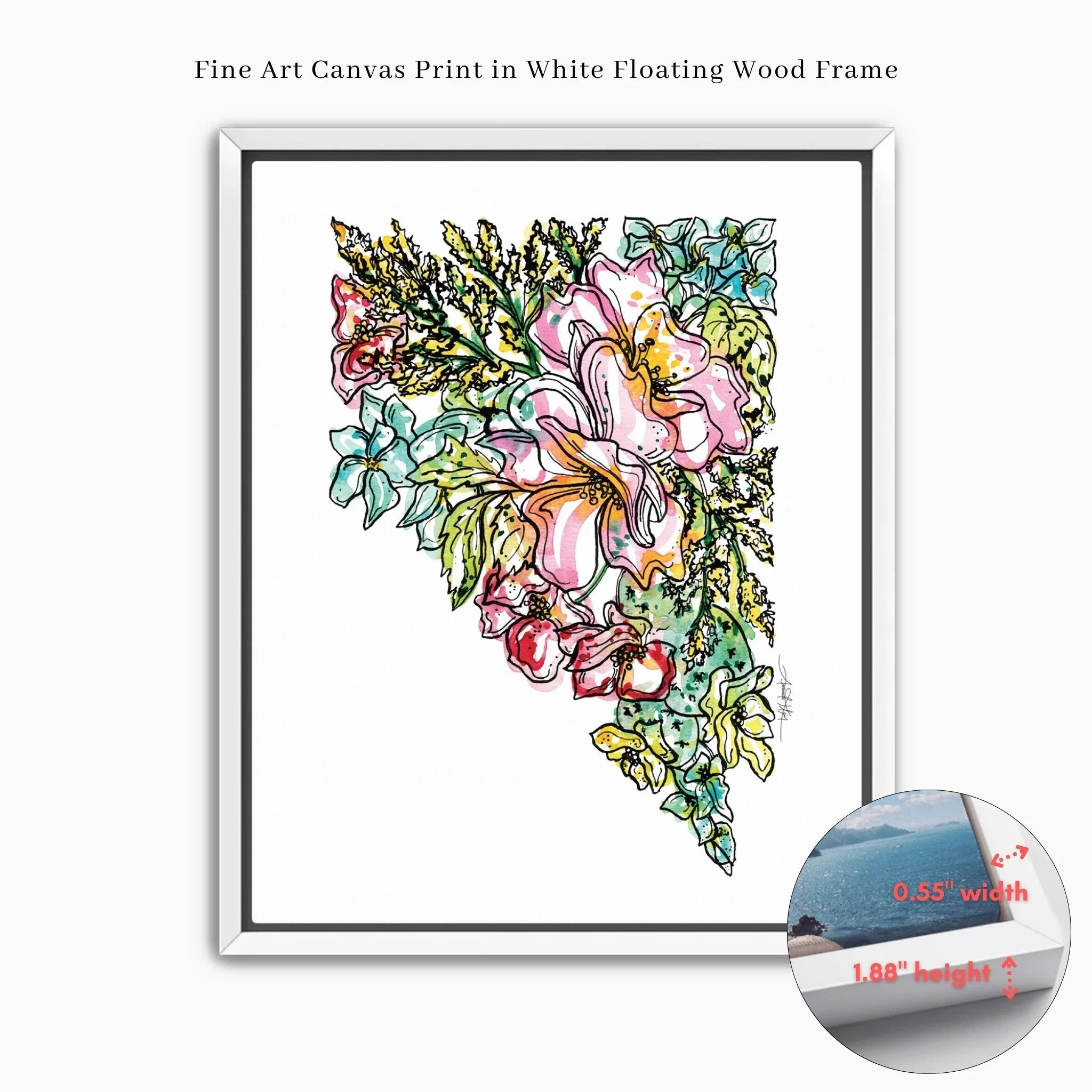 Colorful Nevada floral fine art canvas print in white floating wood frame, modern wall decor