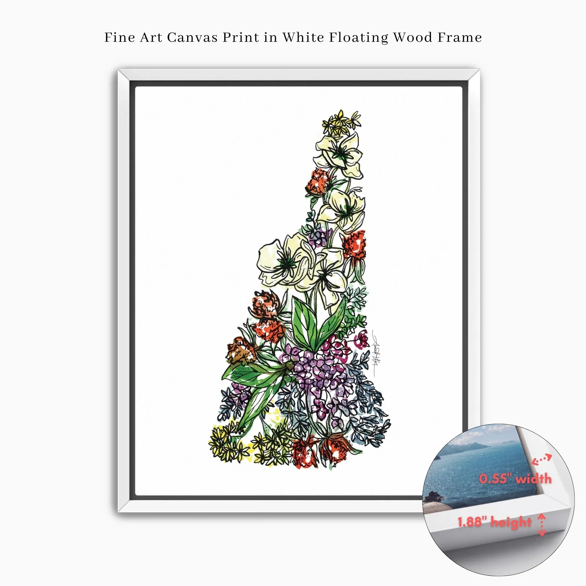 New Hampshire Floral fine art canvas print in white floating wood frame, vibrant blooms and greenery design