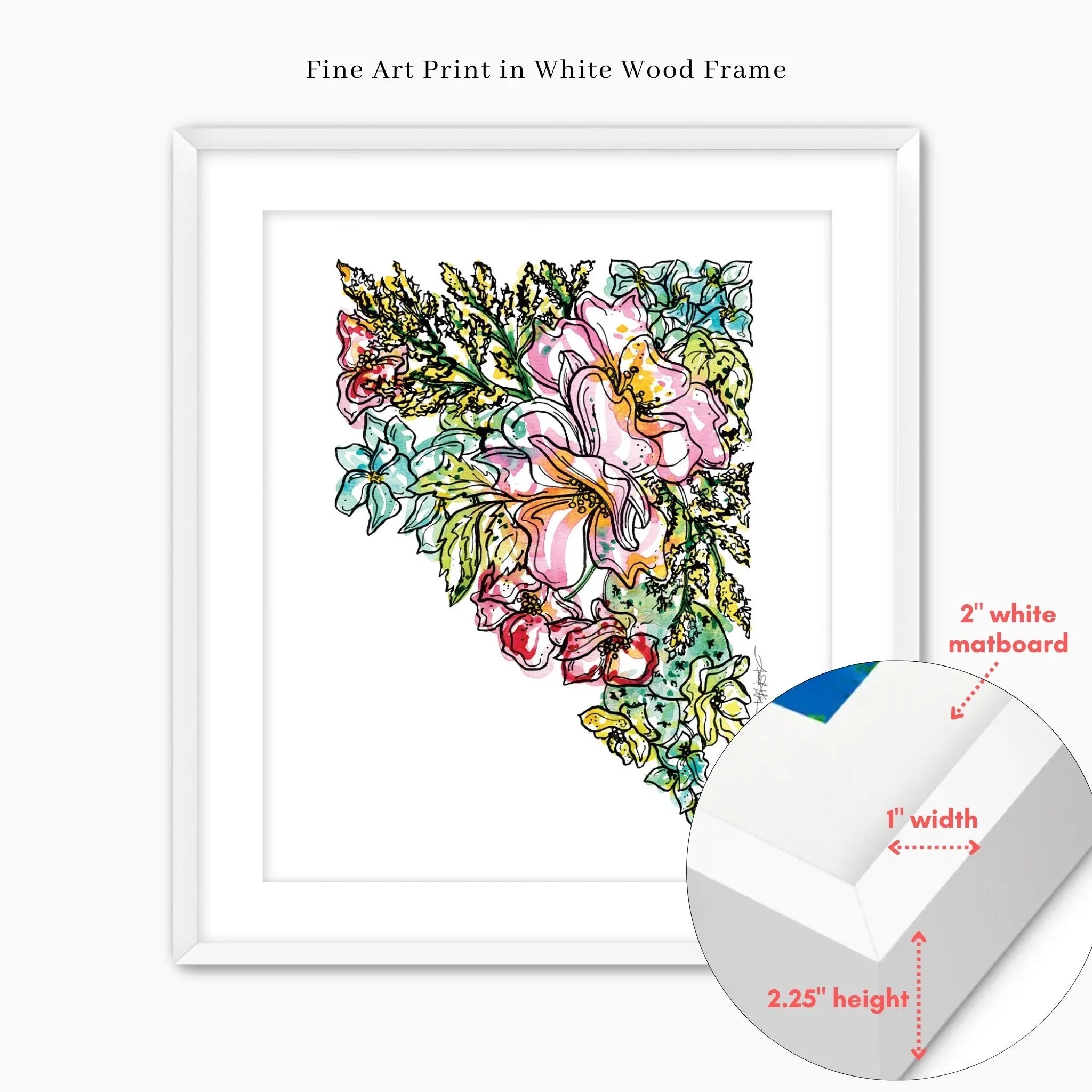 Floral Nevada fine art print in white wood frame with 2" matboard, perfect wall decor for home or gift