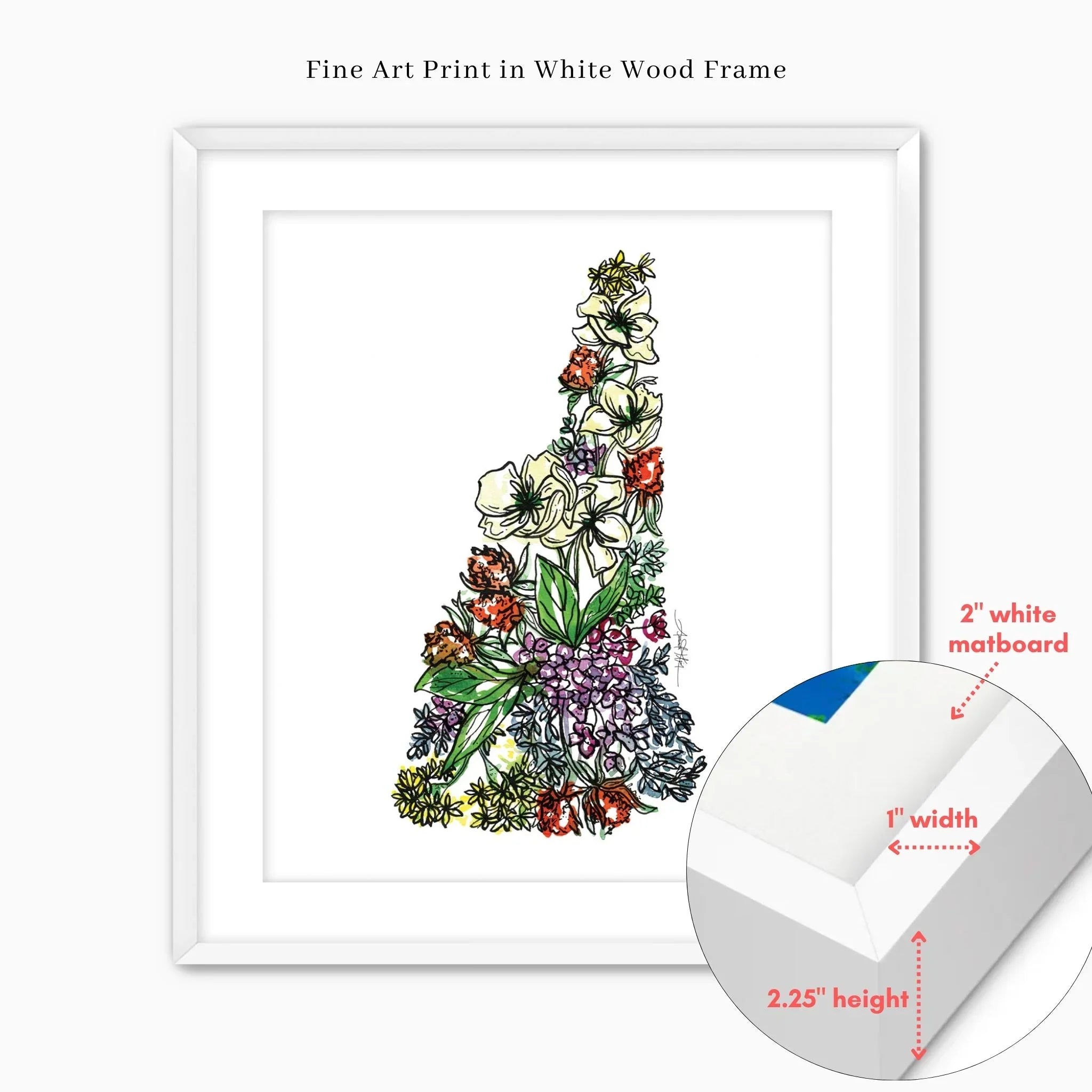 New Hampshire Floral state map fine art print in white wood frame with matboard details