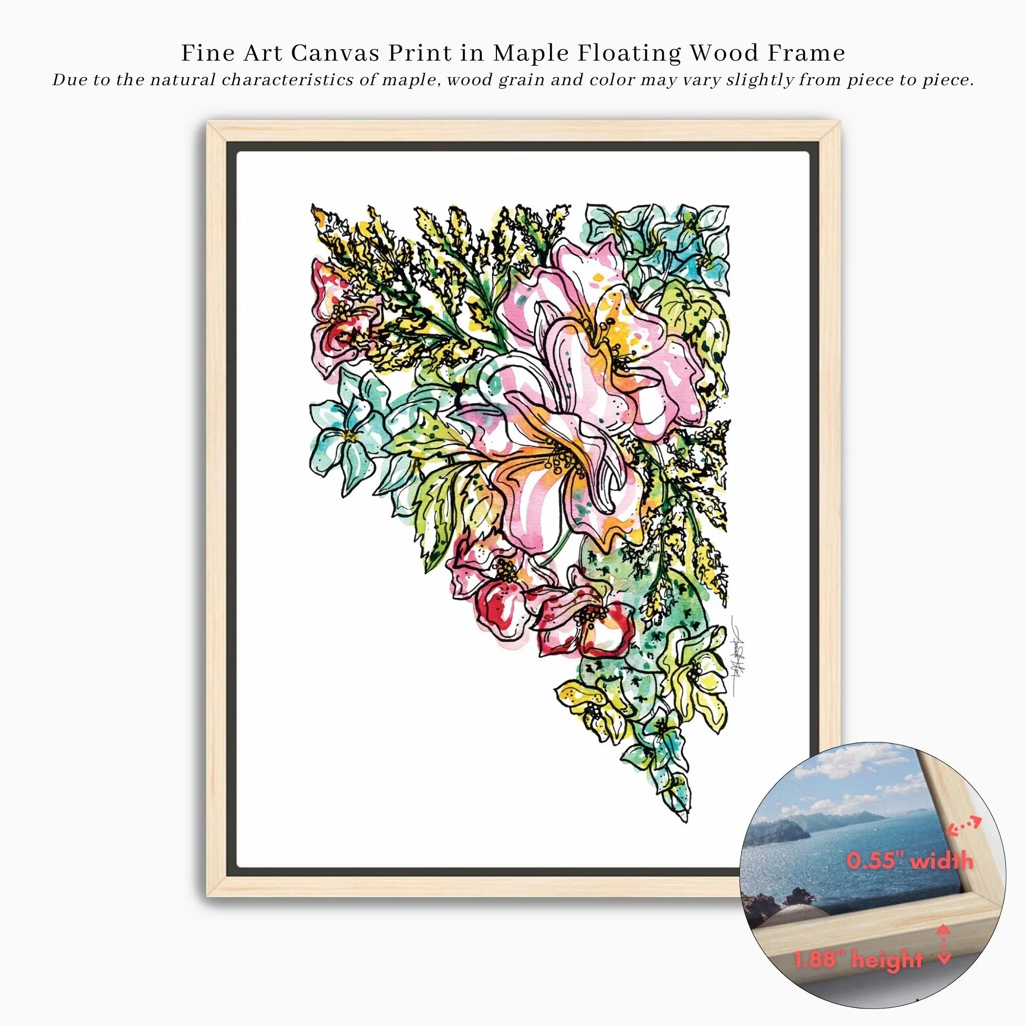 Watercolor Nevada floral fine art canvas print in maple floating wood frame, vibrant pink, blue, green blooms