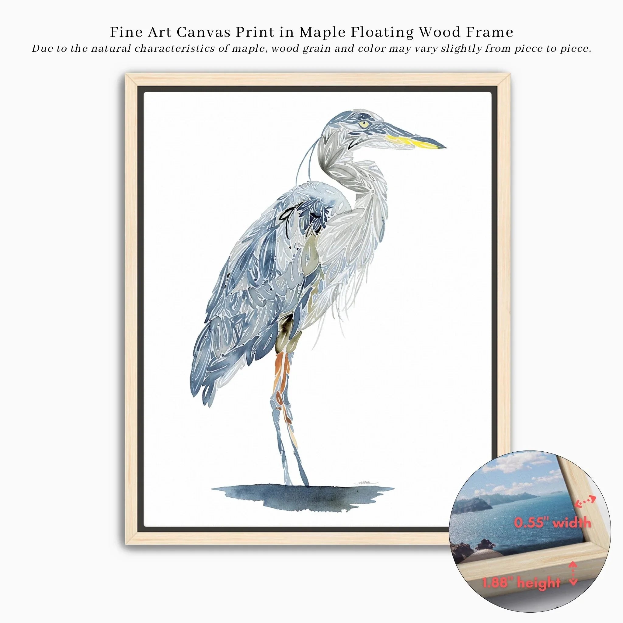 Blue heron fine art canvas print in maple floating frame, watercolor style with natural wood grain