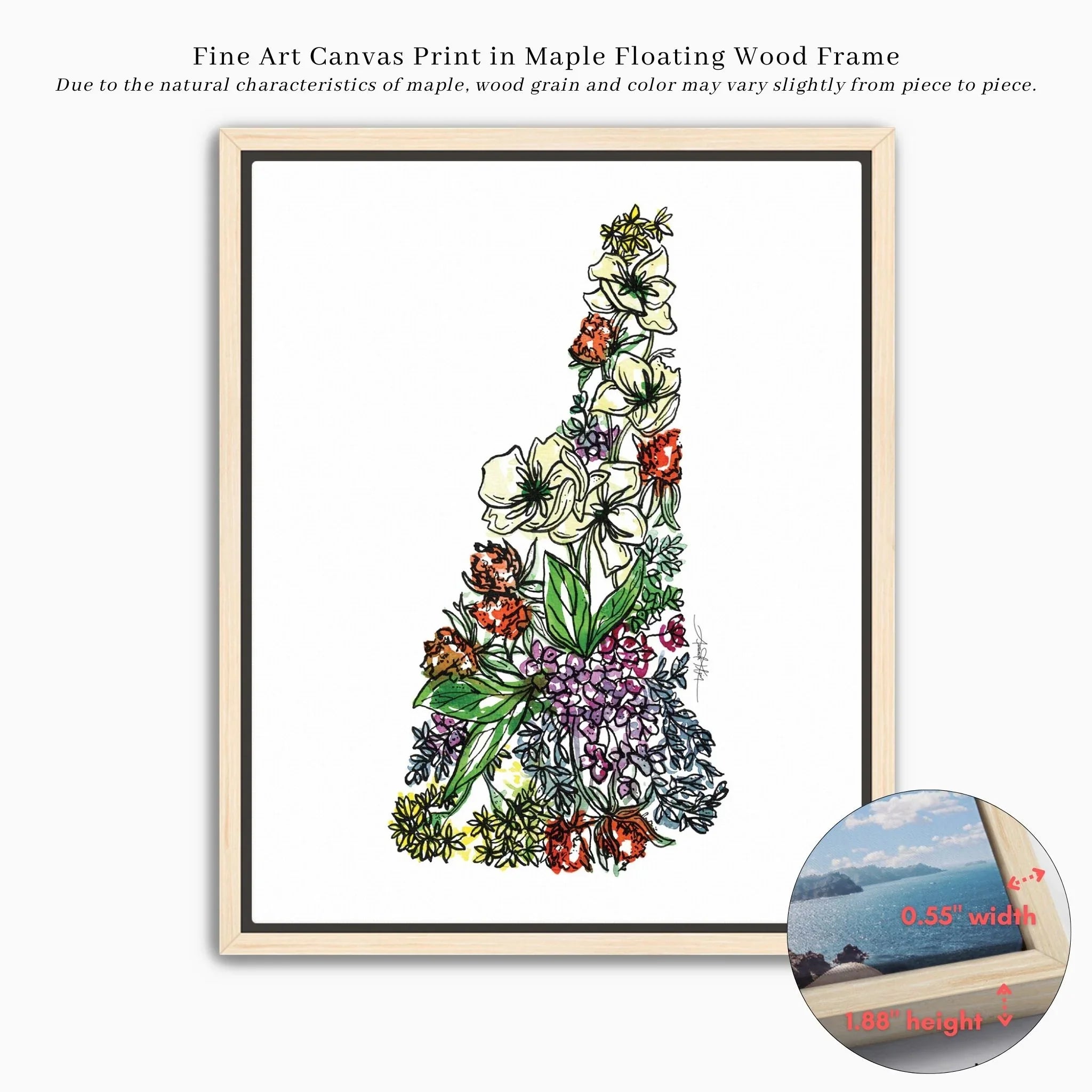 New Hampshire Floral state map art print in maple floating frame, vibrant flowers, fine art canvas, USA decor