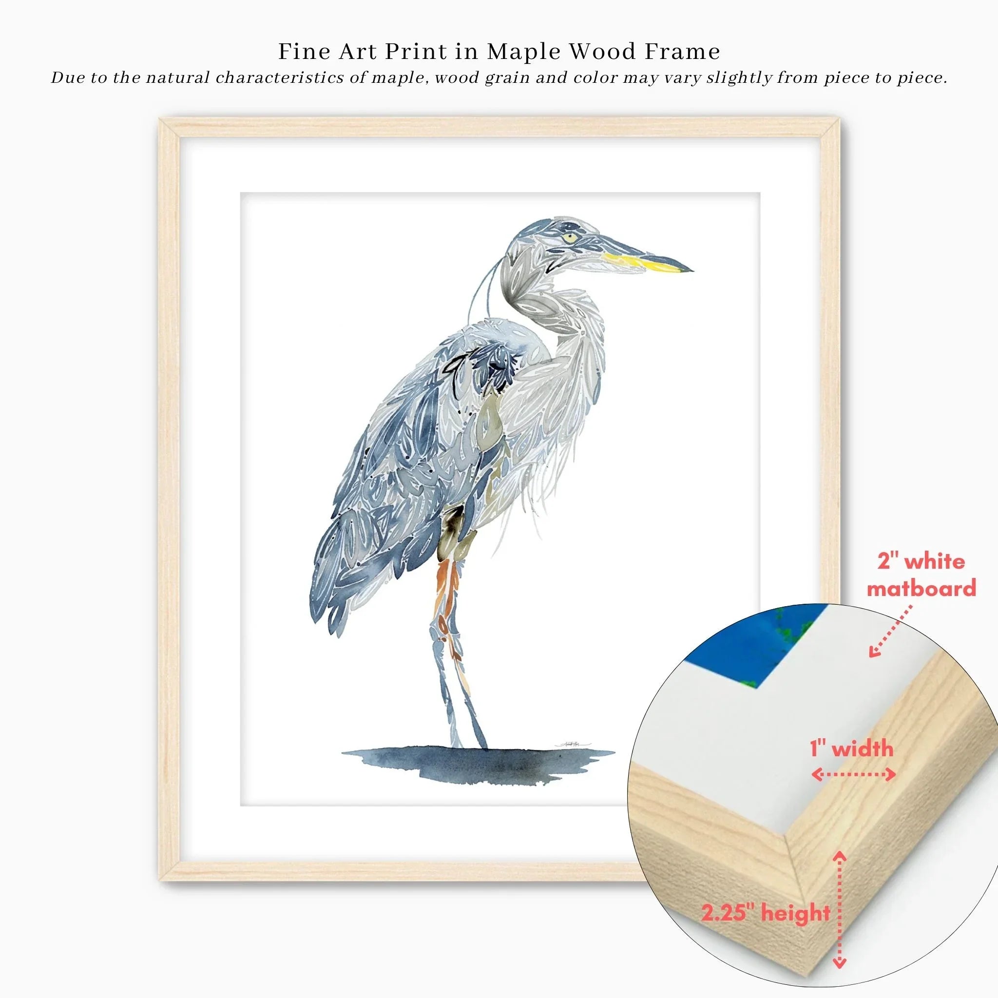Heron fine art print in maple wood frame with white matboard