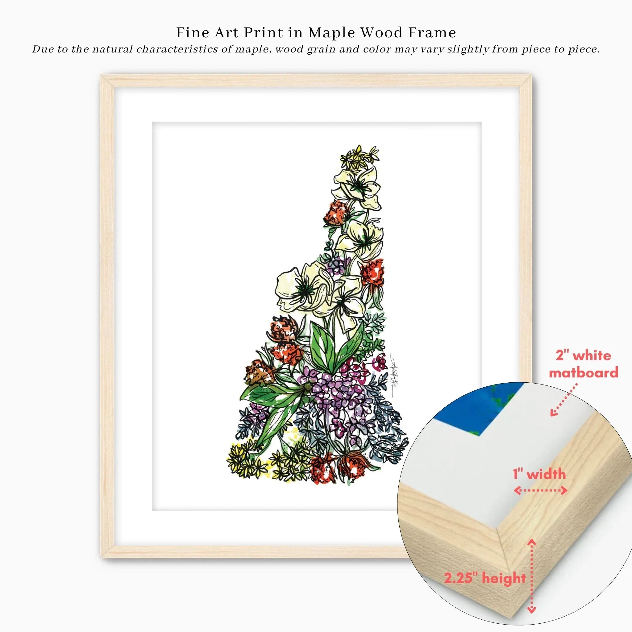 New Hampshire Floral state map fine art print in maple wood frame with white matboard, perfect wall decor gift
