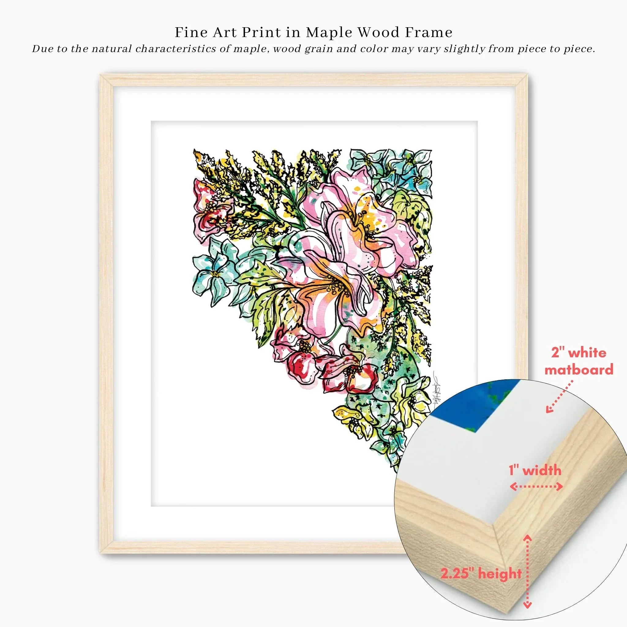 Floral Nevada fine art print in maple wood frame with white matboard, vibrant watercolor bouquet design