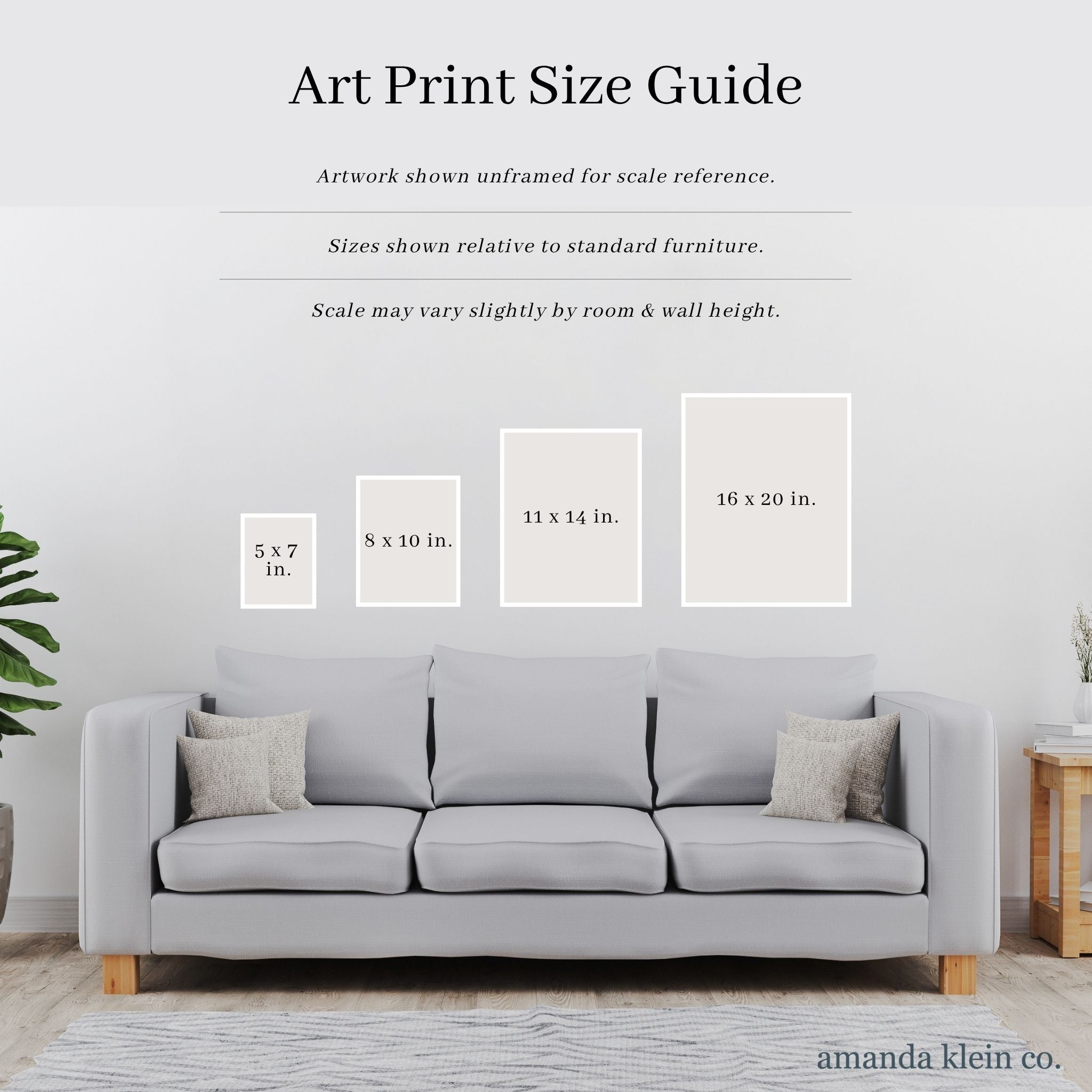 Art print size guide with framed artwork on a wall above a gray sofa.