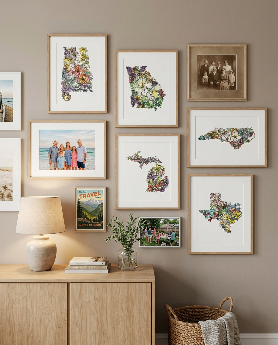 Gallery wall for family featuring state prints, photos