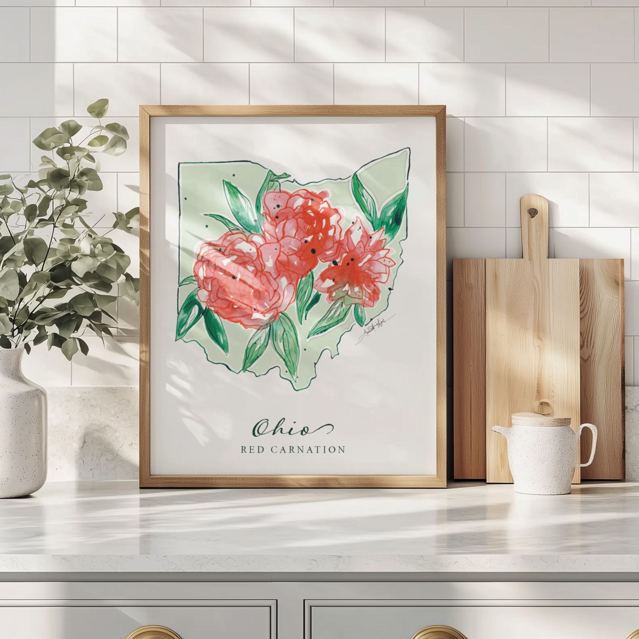 Ohio Red Carnation State Flower Wall Art | Watercolor State Print