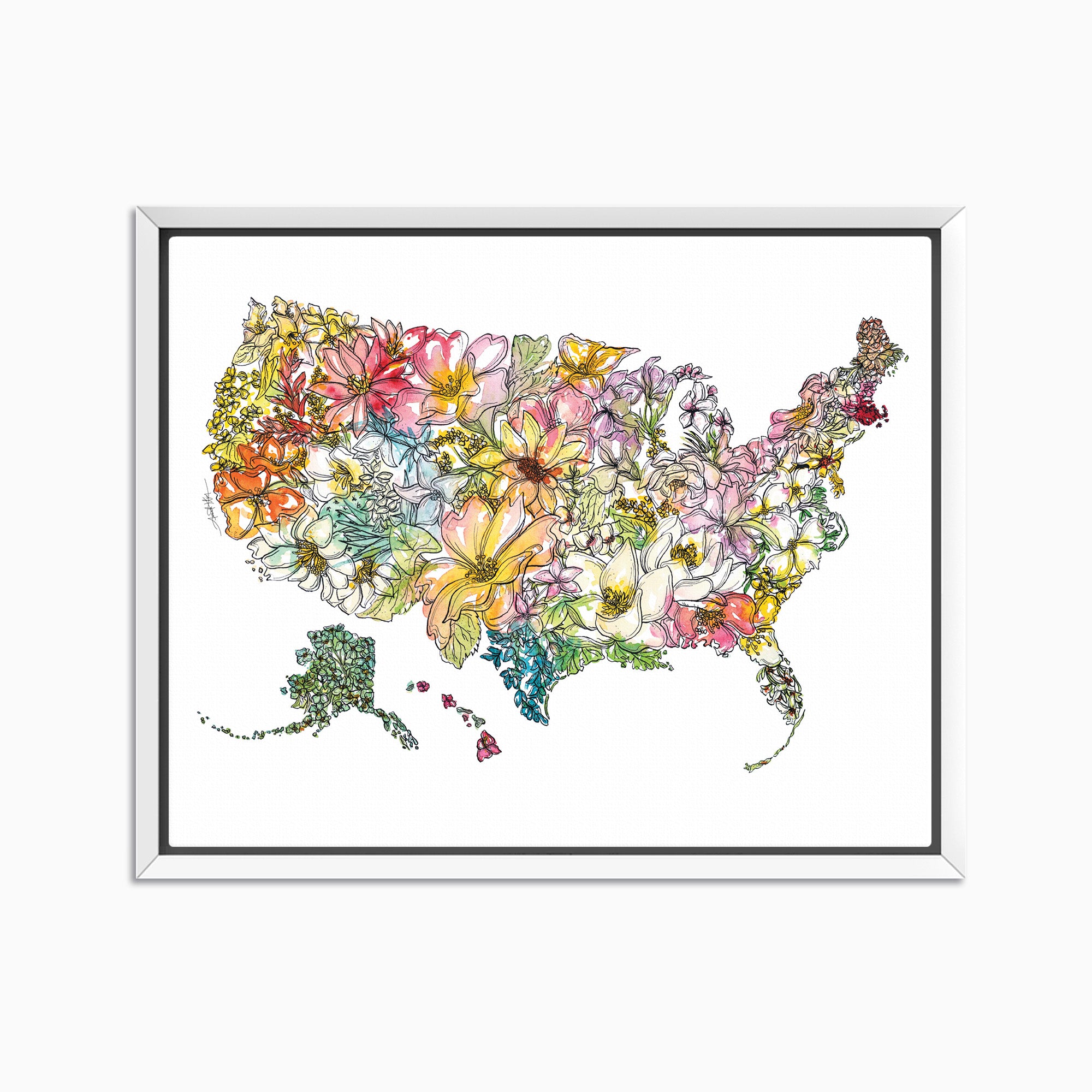 Framed artwork of a colorful floral map of the United States on a white background